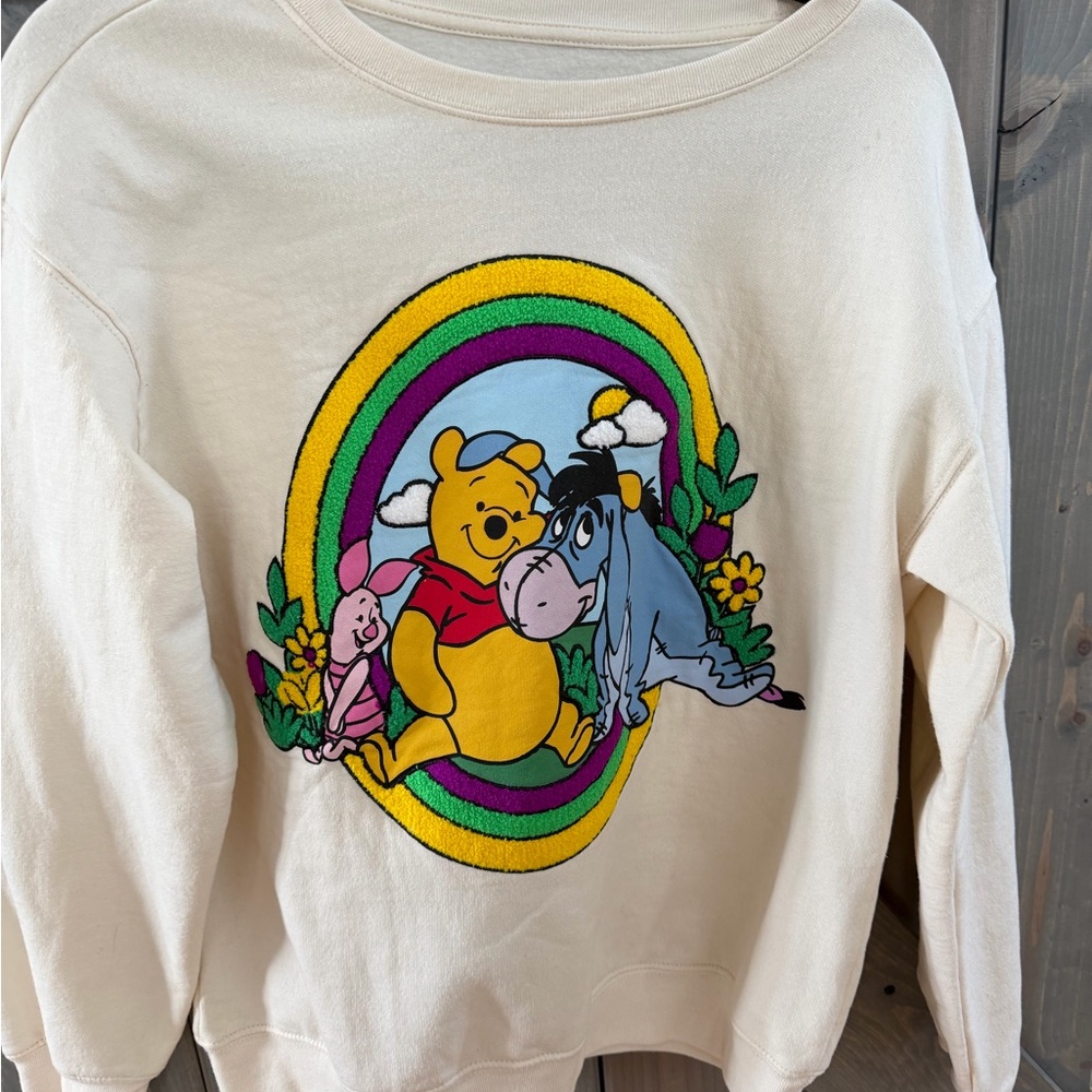 Disney Winnie the Pooh Sweatshirt Rainbow Piglet Eeyore Embroidered Graphic L